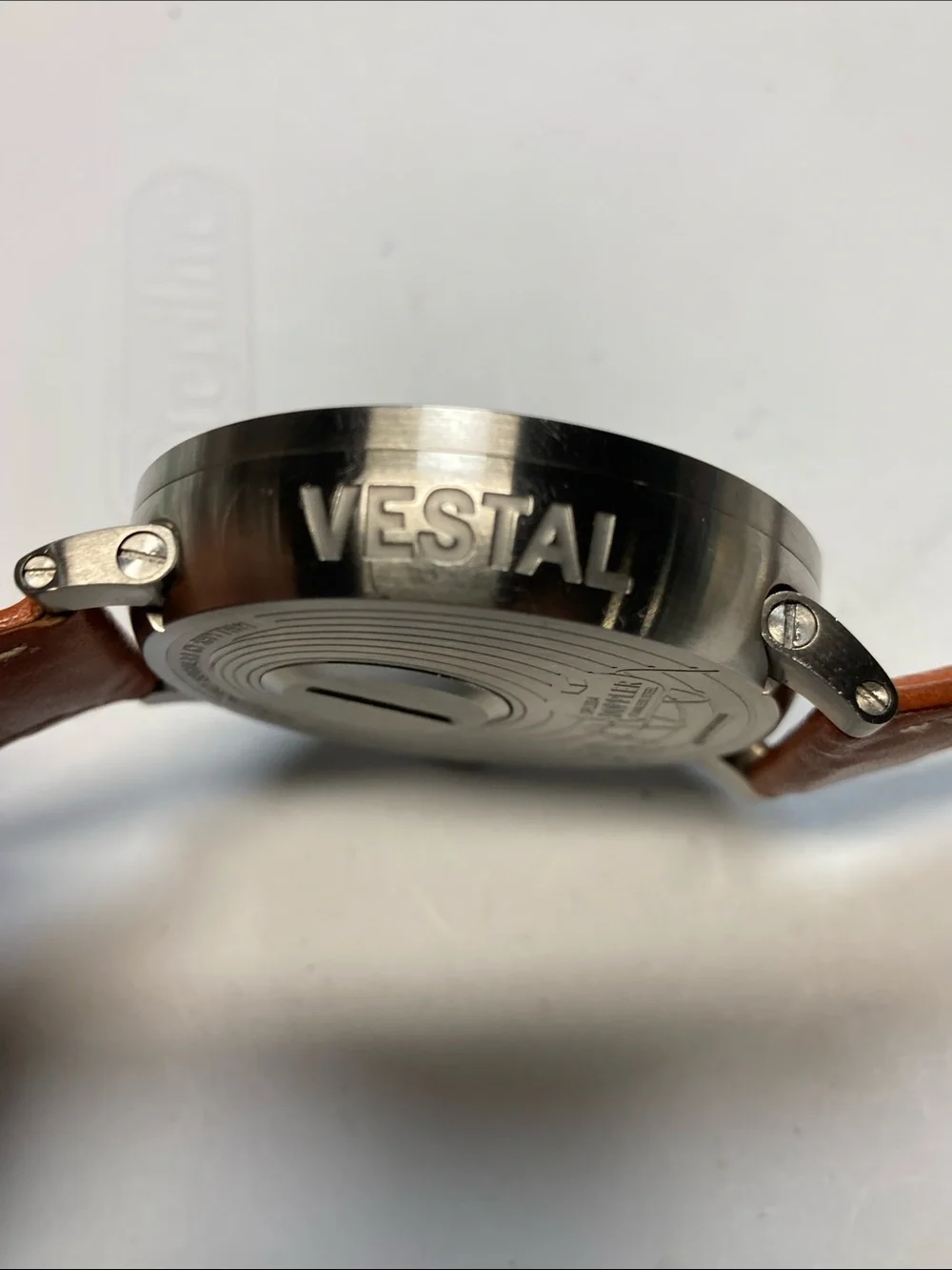 Vestal Men's Black Dial Watch with Brown Perforated Leather Strap, read